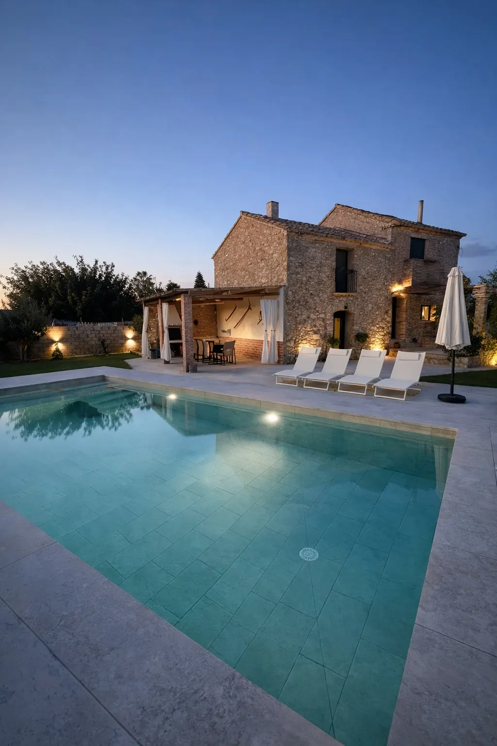 Piscina privada de L’Hortet, casa rural en el Delta del Ebro, al atardecer