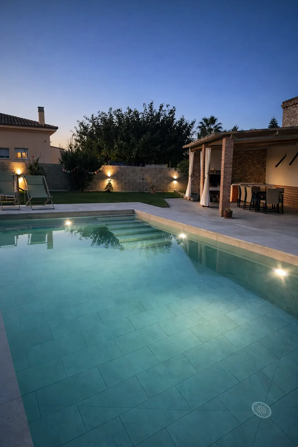 Piscina y casa de piedra al atardecer